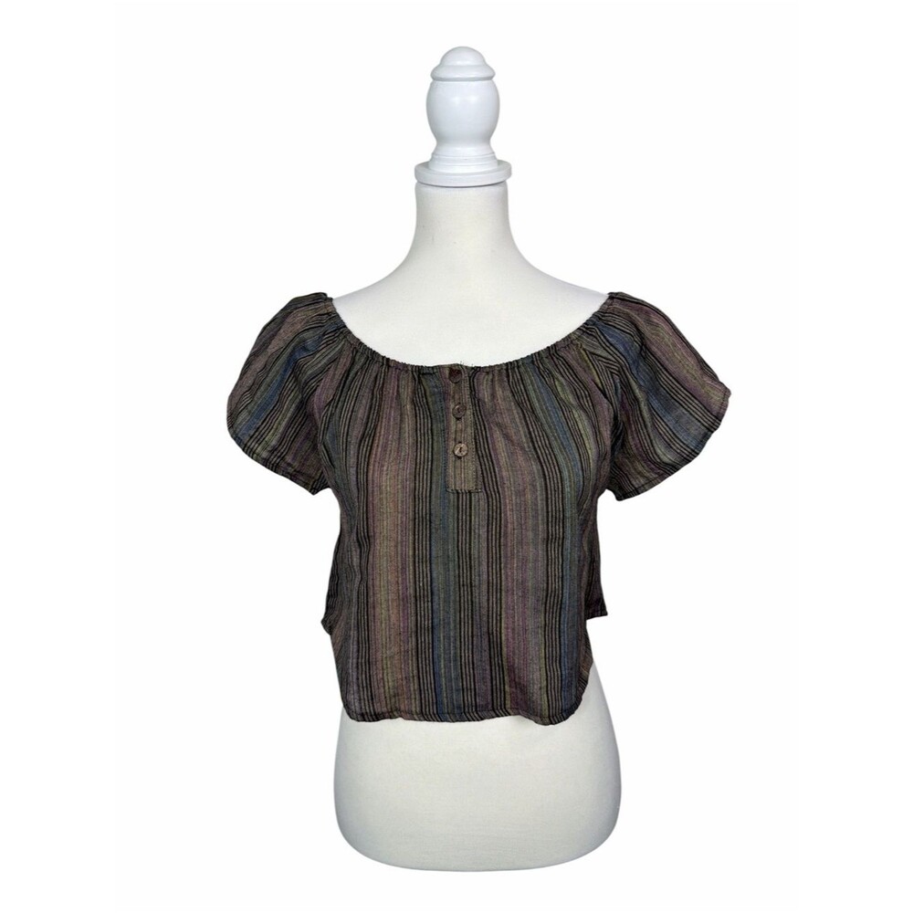 Earthbound Trading Co Boho Peasant Crop Top Striped Cotton Festival Hippie